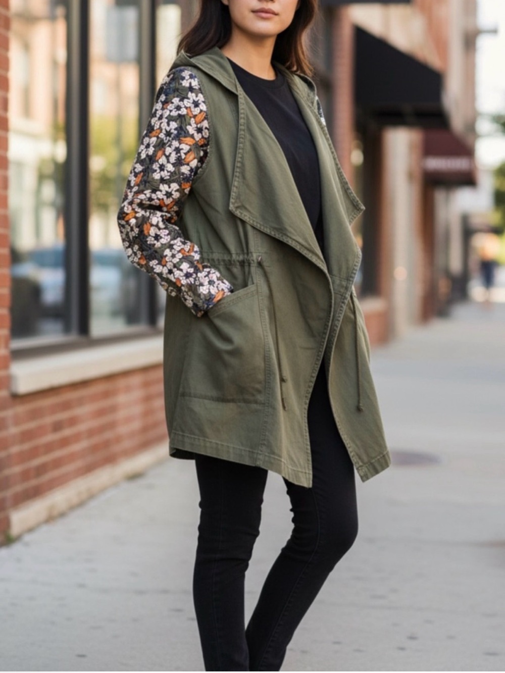 LuLaRoe Black Hooded Draped Jacket with Floral Sleeves size large